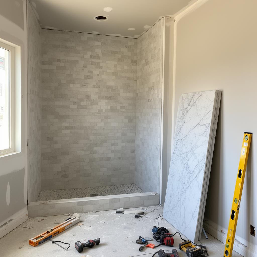 Bathroom remodel in progress in a Las Vegas home — new tile shower, marble slab and tools