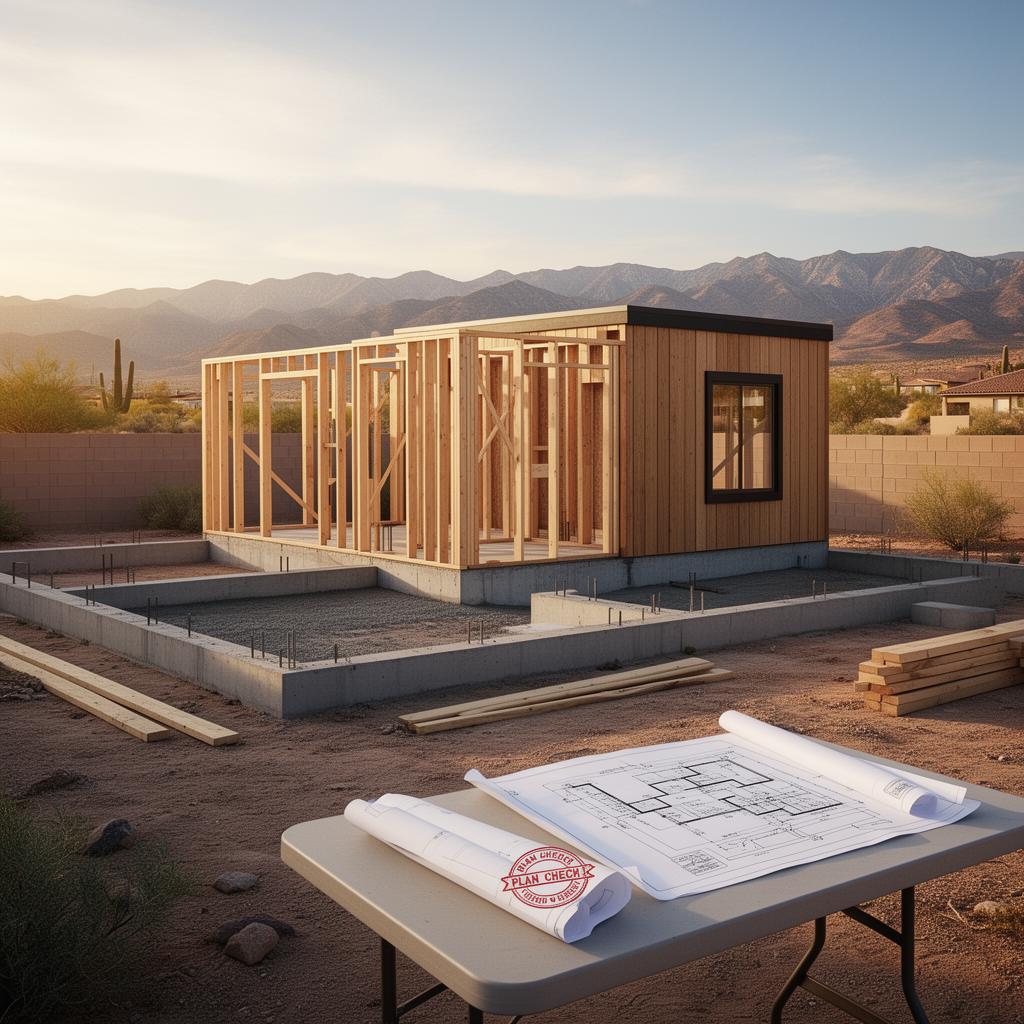 ADU under construction in a Las Vegas desert backyard with mountains in the distance