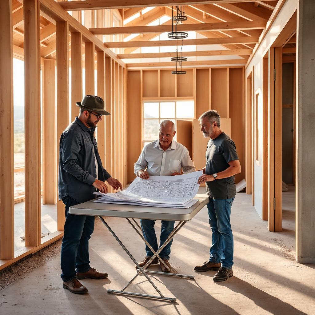 Architect, project manager and homeowner reviewing plans inside a partially framed Las Vegas home