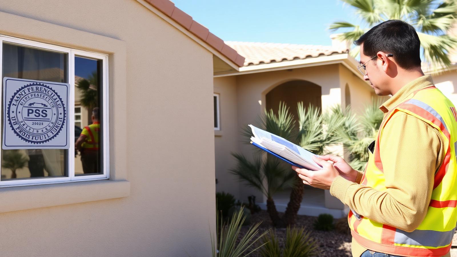Henderson Nevada home under renovation with permit placard on window and contractor reviewing plans
