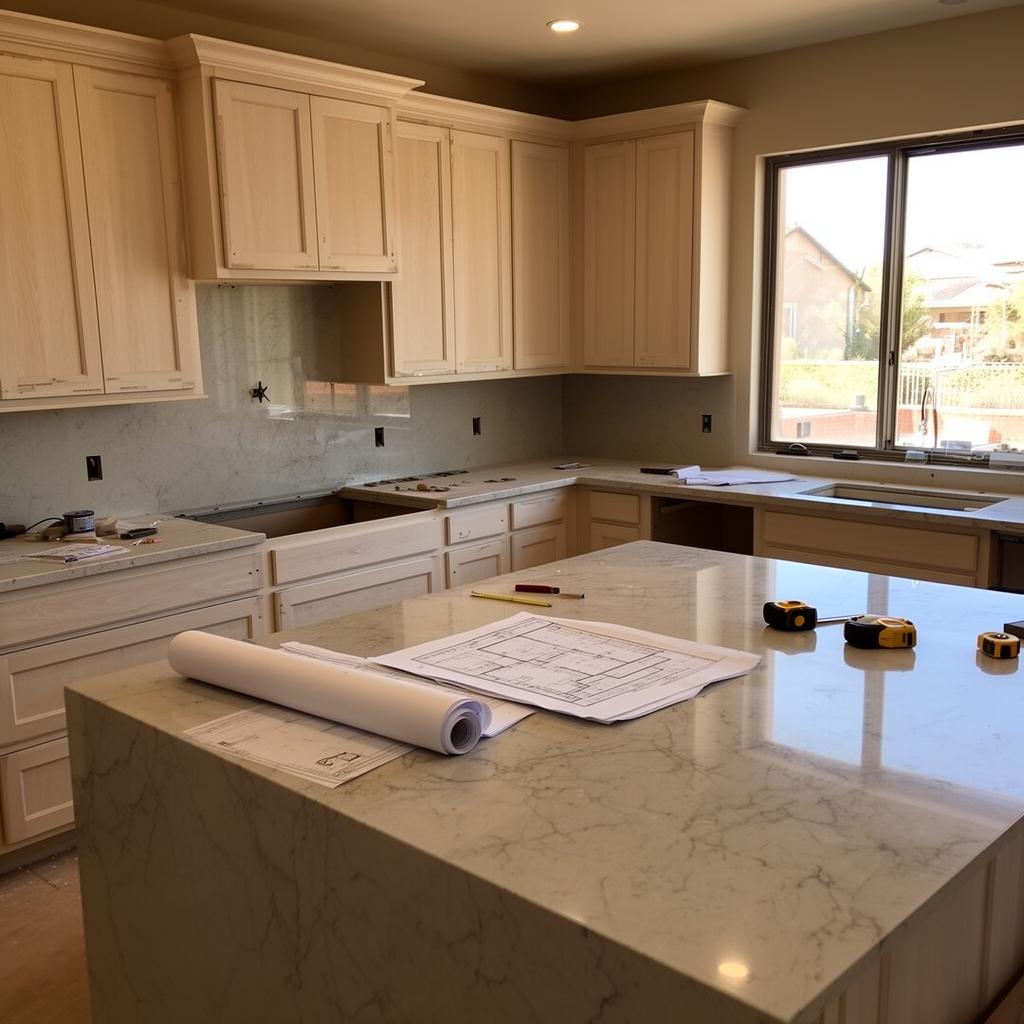 Kitchen remodel in progress in a Las Vegas home — white oak cabinets being installed and quartzite island slab