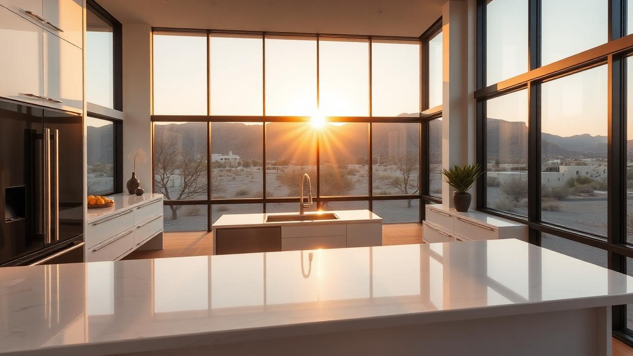 Modern Las Vegas kitchen with white quartz countertops and warm afternoon desert light through floor-to-ceiling windows