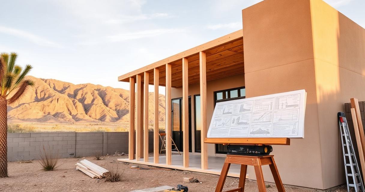 Home addition framing in progress at a Las Vegas residence with desert mountains in the background