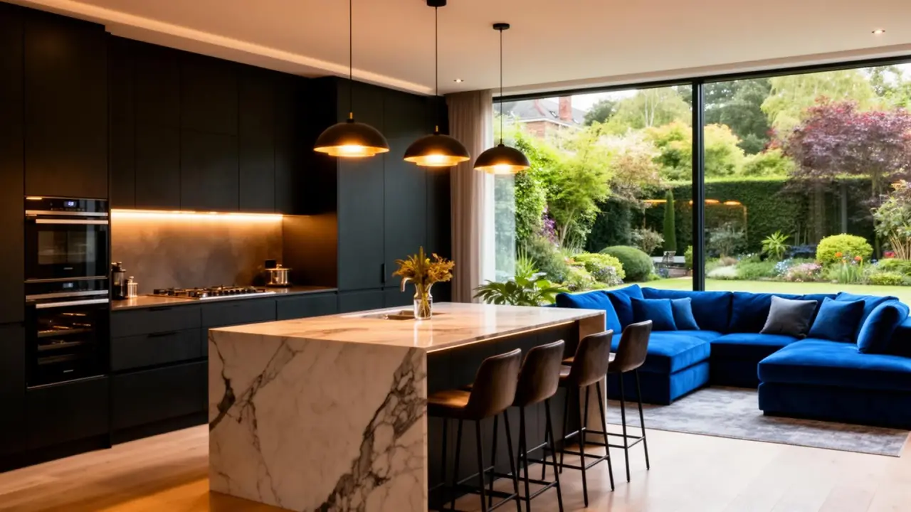Modern white-and-walnut Las Vegas kitchen with quartz waterfall island
